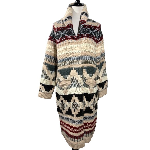 SUNDANCE Juneau Skies Long Sweater Coat Womens PXS Fair Isle Western Chunky Knit - Picture 1 of 11